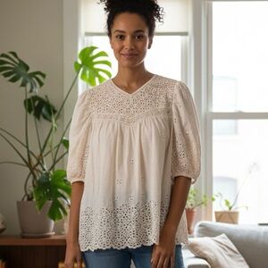 Industry NWT Cotton Eyelet Lace Peasant Top in Ivory Size Small Petite